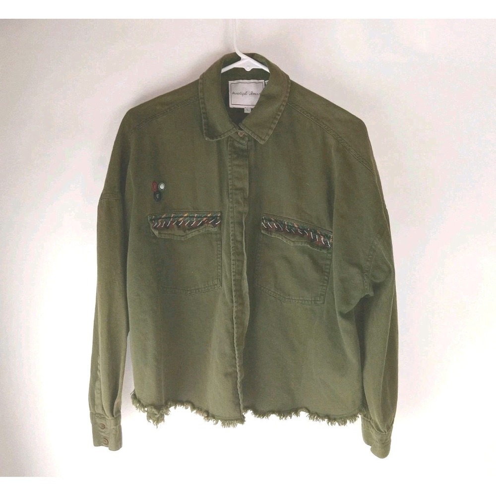 Anthropologie Beautiful Stories Jacket Women Large Green Crop Boxy Boho Shirt